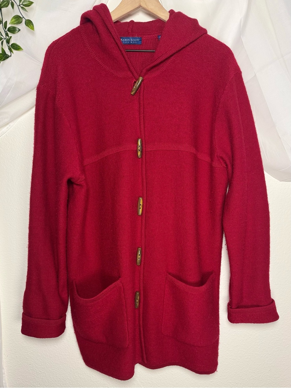 100% Pure Wool Red Granola Cabin Toggle Hooded Cardigan Sweater Coat